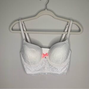 Victoria's Secret White Lace Longline Bra with Pink Bow